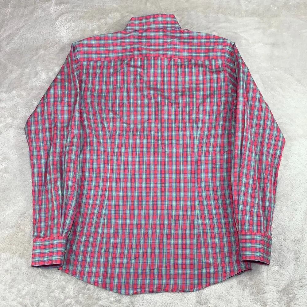 ETON Button Down Dress Shirt 15.5 / 39 Men Slim Salmon Coral Plaid Easter Spring